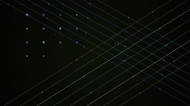 A looping geometric design of intersecting diagonal lines and floating light particles on a black background