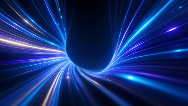 Abstract light streaks create a dynamic tunnel effect with glowing blue and green curves.