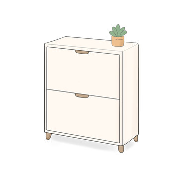 Cute minimalist white shoe cabinet with potted plant vector illustration