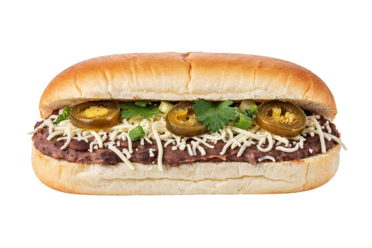 A mexican style mollete sandwich with refried beans, shredded cheese, sliced jalapenos and fresh cilantro leaves isolated on a transparent background