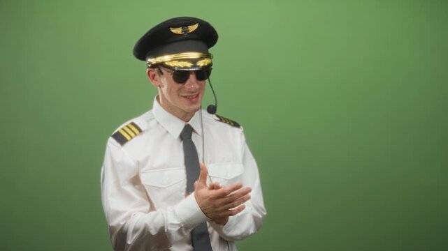 Man pilot in white uniform and cap claps hands and speaks into headset microphone wearing sunglasses in studio; training confidence.