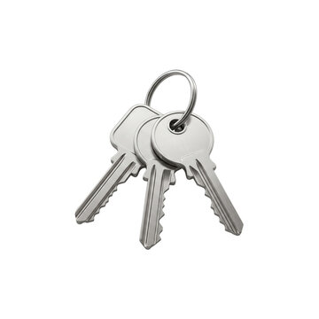 Three silver keys attached to metal key ring isolated on white background cutout PNG