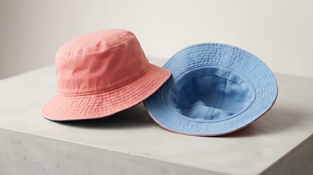 Two stylish reversible bucket hats, one in coral and the other in sky blue, displayed on a clean surface