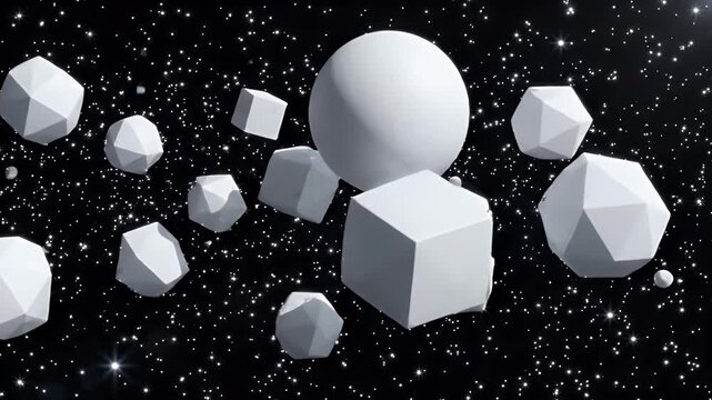 Abstract White Geometric Shapes Floating in Starry Space - A collection of white geometric shapes, including spheres, cubes, and polyhedrons, drift through a vast black expanse filled with sparkling