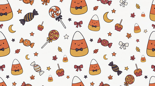 Cute Halloween candy seamless pattern with candy corn, lollipops, stars, leaves & bows.