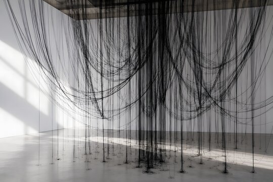Abstract Black Thread Installation in Minimal White Interior with Dramatic Shadows