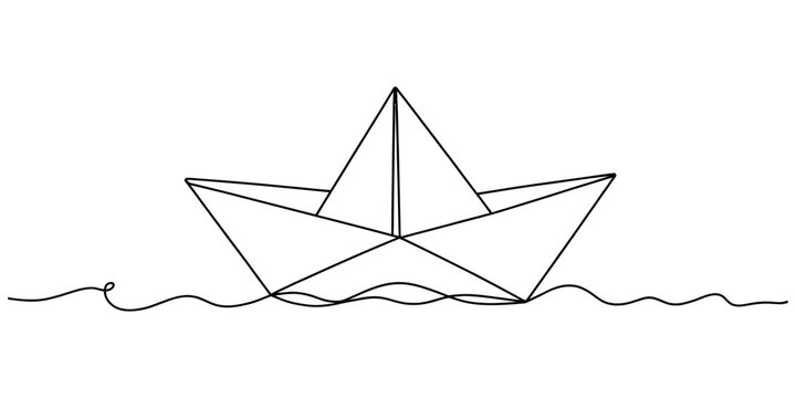 Paper boat one line drawing minimalist origami ship outline vector illustration on white background, One continuous line drawing of paper boat. Origami ship concept success leadership of busines, Boat