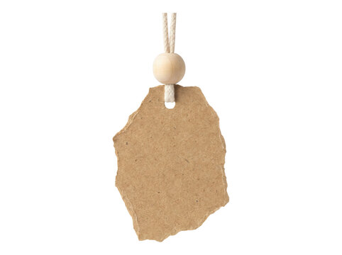 Torn brown paper tag with irregular edges hanging from string and wooden bead isolated on transparent background for organic branding
