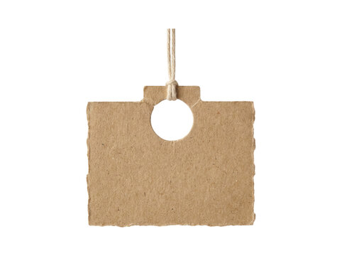 Brown rustic recycled paper tag hanging from string isolated on transparent background for eco friendly branding and product labeling