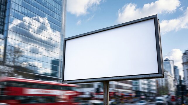 Blank billboard on city street with red bus