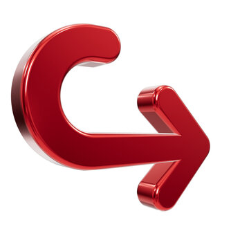 Glossy red metallic 3D curved refresh arrow symbol