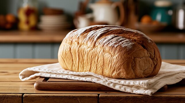 Golden brown loaf bread on wooden board
