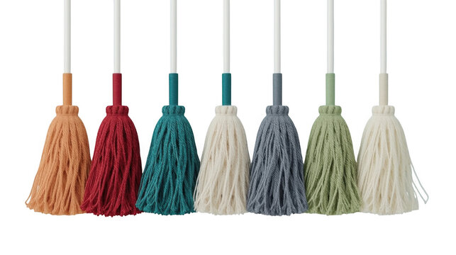 Colorful microfiber mops with wooden handles arranged in a gradient display against a plain background.