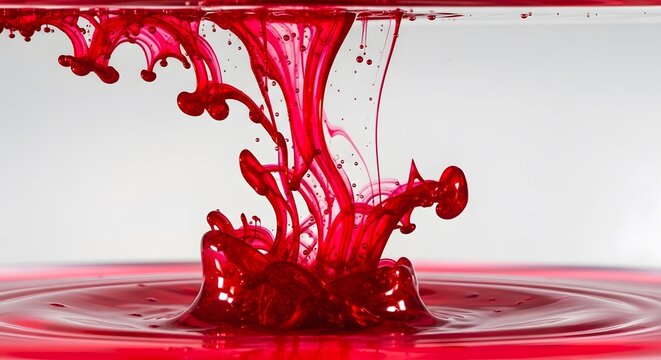 Vibrant red liquid ink dropping and splashing into clear water creating shapes