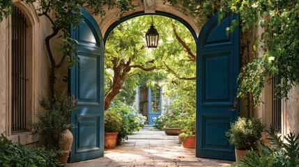 Fototapeta premium Beautiful open blue wooden door entranceway leading to lush green garden patio with flowering plants and stone pathway under warm natural light