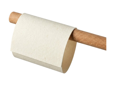 Cream textured paper sheet wrapped over wooden dowel rod isolated on transparent background for rustic product presentation display