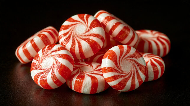 Red and white striped peppermint candies on a black background with striped candy