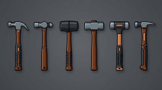 Set of various hammers with wooden and metal handles on a dark background