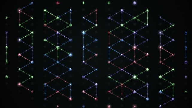 Multiple vertical loops of colorful zigzag line patterns are arranged symmetrically against a dark background.