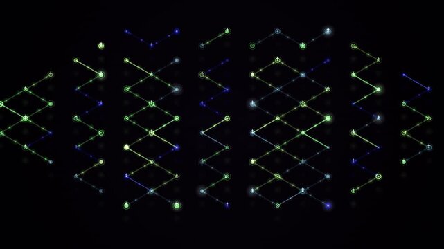 A collection of geometric shapes formed by glowing nodes creates a continuous looping effect.