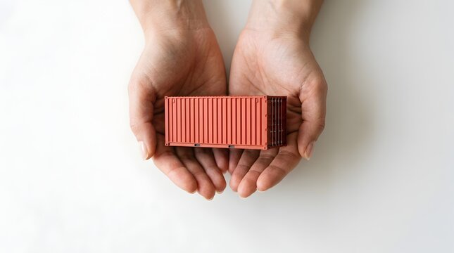 Secure logistics and freight protection concept featuring hands gently holding red miniature cargo container on clean white background