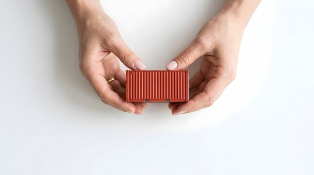 Global supply chain management concept featuring female hands holding miniature red shipping container on minimalist white desk