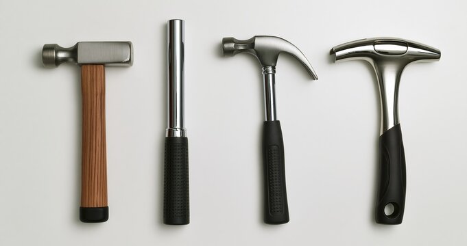 Four different types of hammers arranged on white
