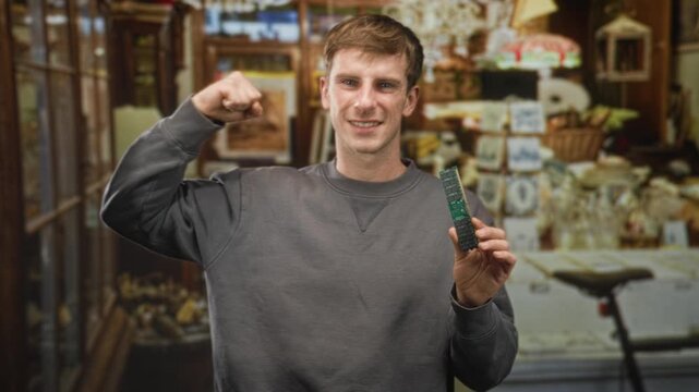 Man smiling and holding a green computer memory module between fingers while flexing fist in a building with shelves and lamps; tech pride confidence.