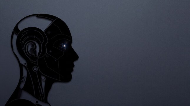 A dark silhouette profile of a human-like robot head with visible mechanical internal parts ad social media download thambnail poster web template event festival 2026 2027 2028