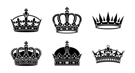 Crowns set featuring royal heraldic symbols and elegant monarch tiaras in black vector art. © Samim