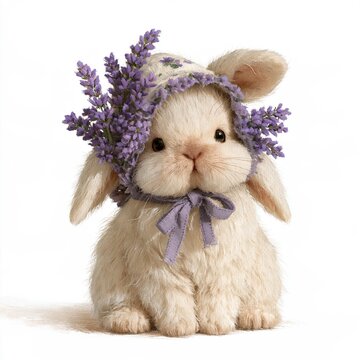 Small fluffy white bunny wearing a purple lavender floral bonnet sitting against a white background
