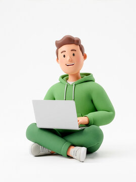 3D Character Man Sitting with Laptop Wearing Green Hoodie on White Background 