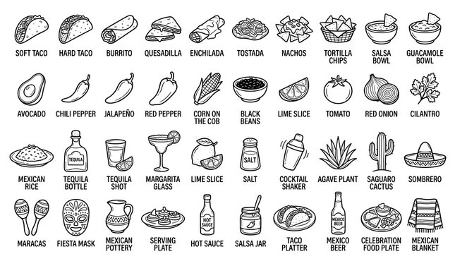 40 Mexican Cuisine and Tequila Doodle Icons with Tacos Nachos Chili Margarita Salsa Avocado Lime Agave and Hand Drawn Vector Art