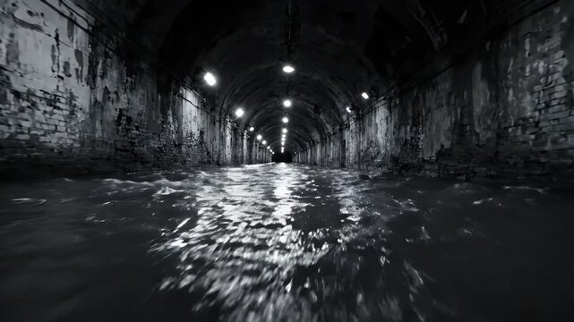 Flooded Dark Underground Tunnel with Flowing Water - This is a black and white view inside a long, dark underground tunnel with arched brick walls.