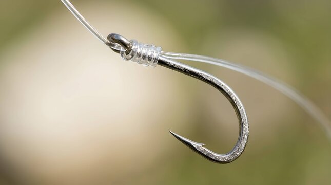 Sharp metal fishing hook tied with clear monofilament line macro view