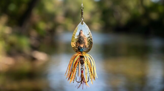 Shiny metal fishing lure with yellow and orange skirt hanging outdoors