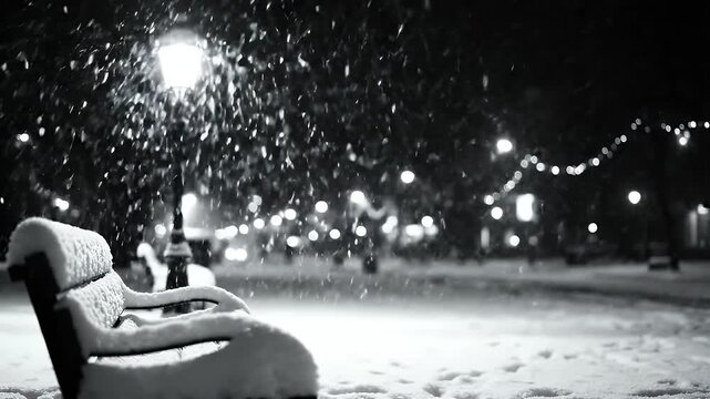 Black and White Snowy Night Park Bench with Bokeh Lights - A snow-covered park bench sits in a winter wonderland at night, illuminated by soft, blurred bokeh lights from streetlamps and possibly