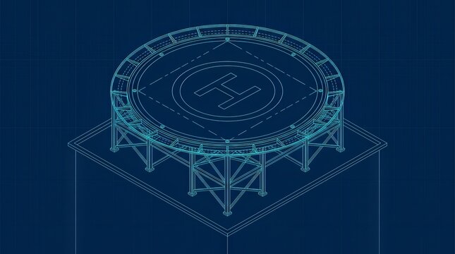 Blueprint of a circular rooftop helipad with aviation