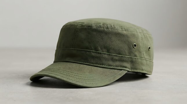 Close-up of a classic olive green military-style fatigue cap with a short brim and ventilation eyelets, resting on a neutral grey surface.