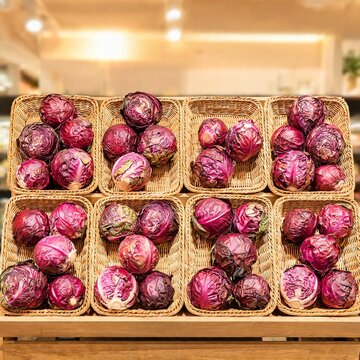 Fresh red cabbage displayed in woven grocery trays