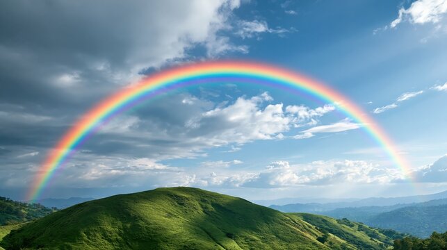 Colorful rainbow arches over lush green hills under