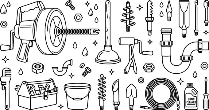 Plumbing Repair Tool Icon Set with Pipe Augers, Plungers, Drain Cleaners, and Toolboxes for Maintenance and Service Graphic Designs