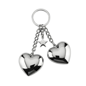 Two silver heart-shaped keychain charms with chain