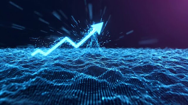 Blue Digital Terrain with Upward Trending Arrow Graph - A dynamic 3D visualization shows a glowing blue line graph arrow pointing upwards, superimposed over a textured digital landscape.