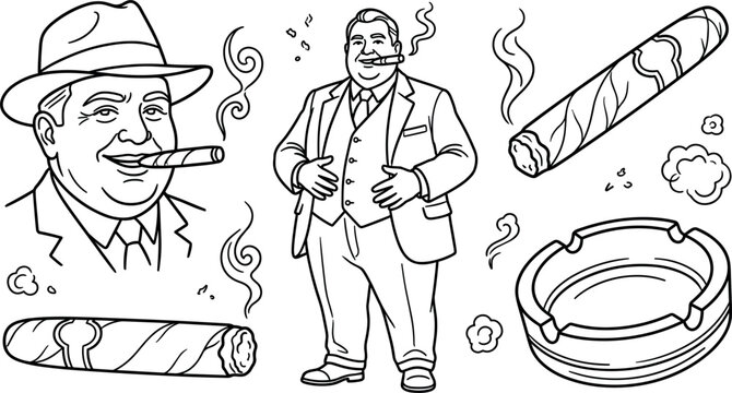 Rich Businessman Character Set with Lit Cigars, Smoking Ashtar, Fedora Hat, and Smoke Cloud Elements for Retro Cartoon Graphic Designs