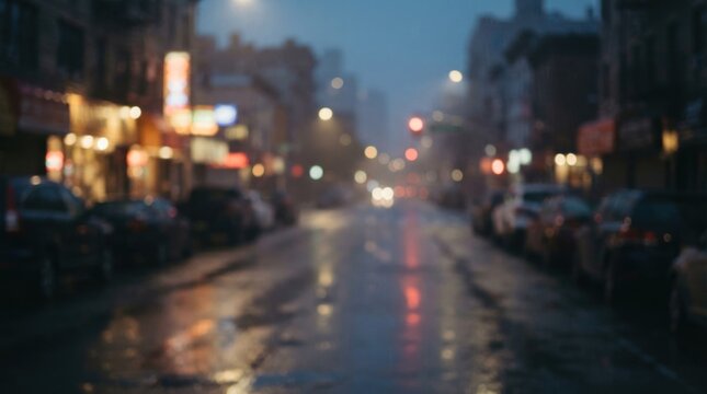 Blurry Night City Street in Rain with Wet Reflections and Neon Lights