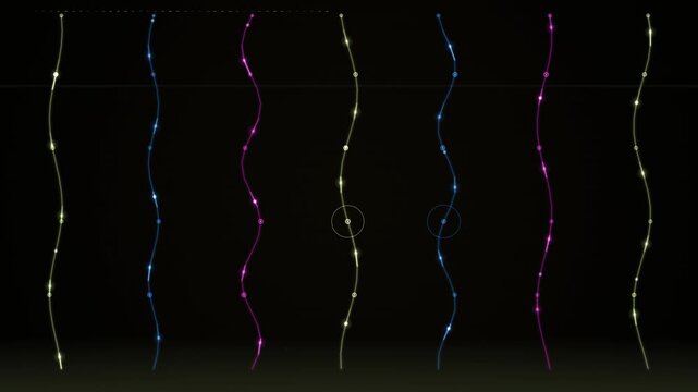 Vertical strands of glowing particles move in a seamless loop against black.