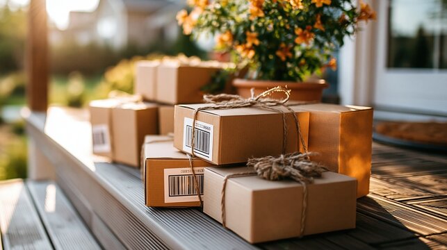 Cardboard packages with twine on porch railing