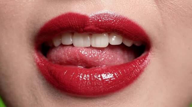 Sensual Close-up of Red Lips with Tongue and Teeth - Extreme close-up shot of a person's mouth featuring bright, shiny red lipstick and white teeth.
