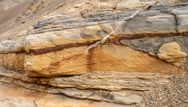 Layered Rock Formation with Vibrant Strata and Cracks